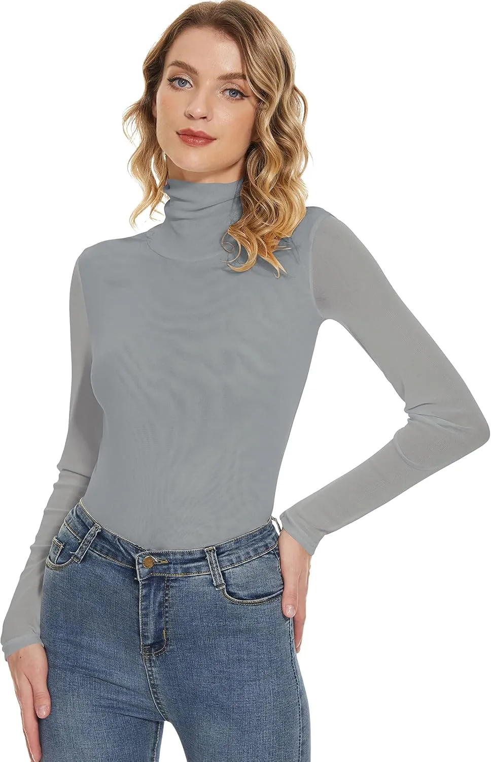 Women's Turtleneck Top Long Sleeve Slim Fit Shirts Mesh Sheer See Through Casual Top