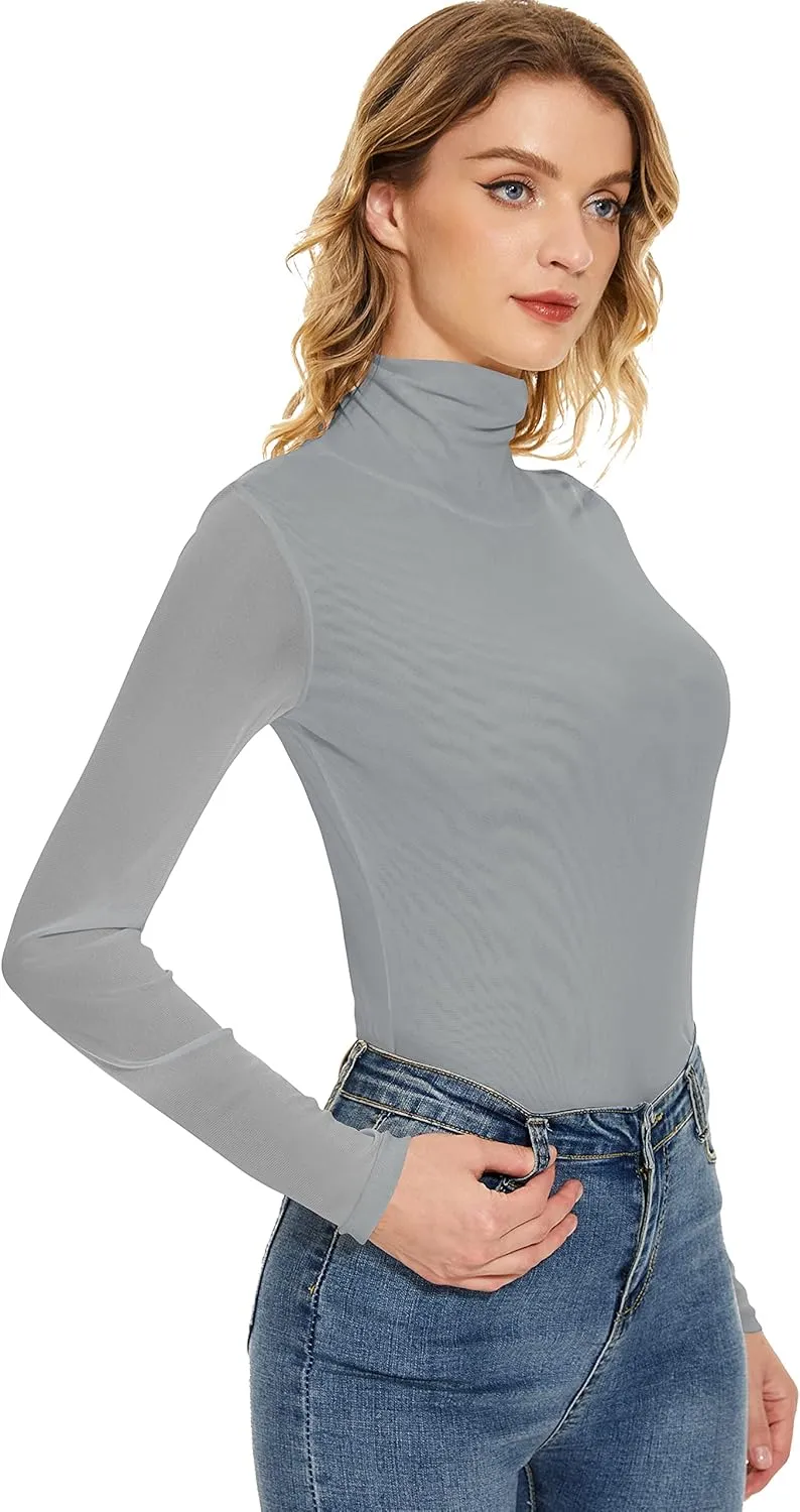 Women's Turtleneck Top Long Sleeve Slim Fit Shirts Mesh Sheer See Through Casual Top