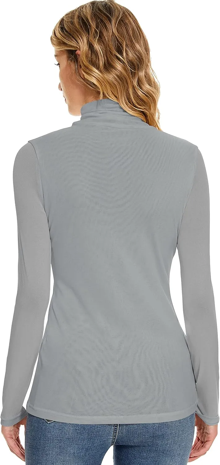 Women's Turtleneck Top Long Sleeve Slim Fit Shirts Mesh Sheer See Through Casual Top