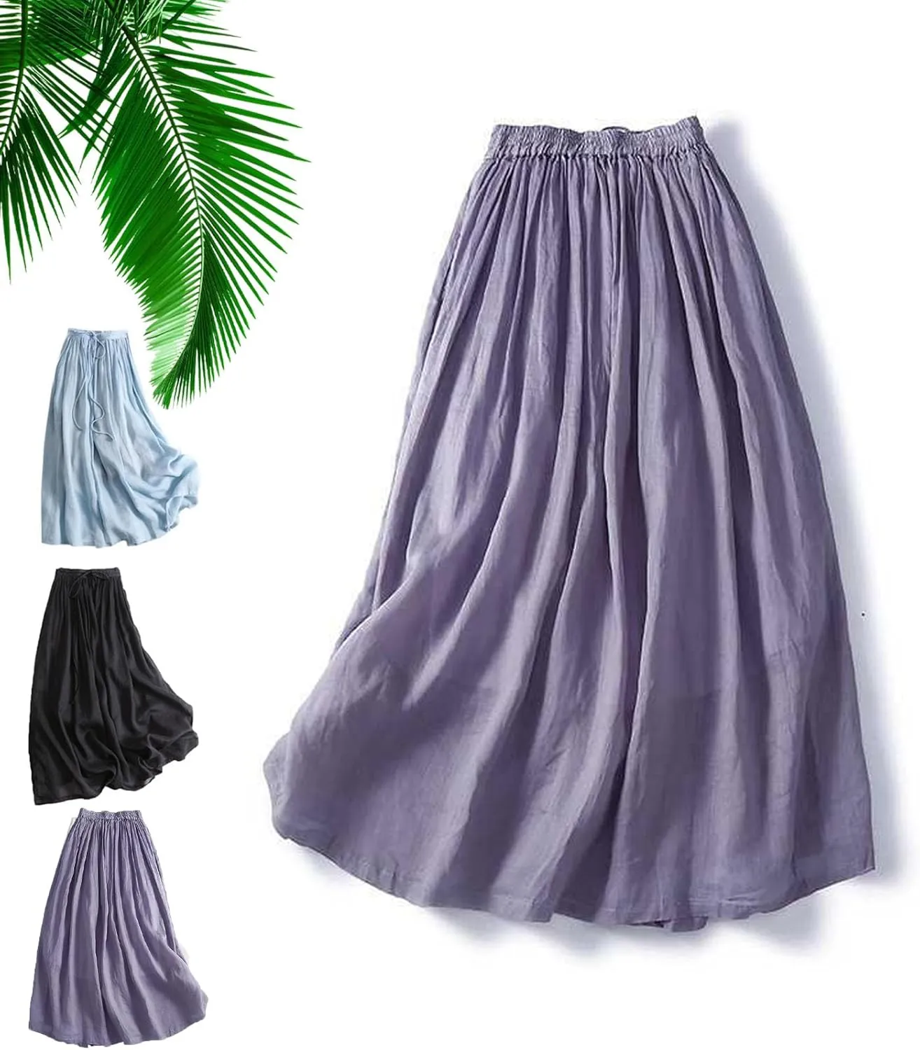 Women's Wrap Around A Line Linen Skirt with Pocket, Casual Tie Waist A-Line Long Flowy Soft Lightweight Beach Skirt Plus Size