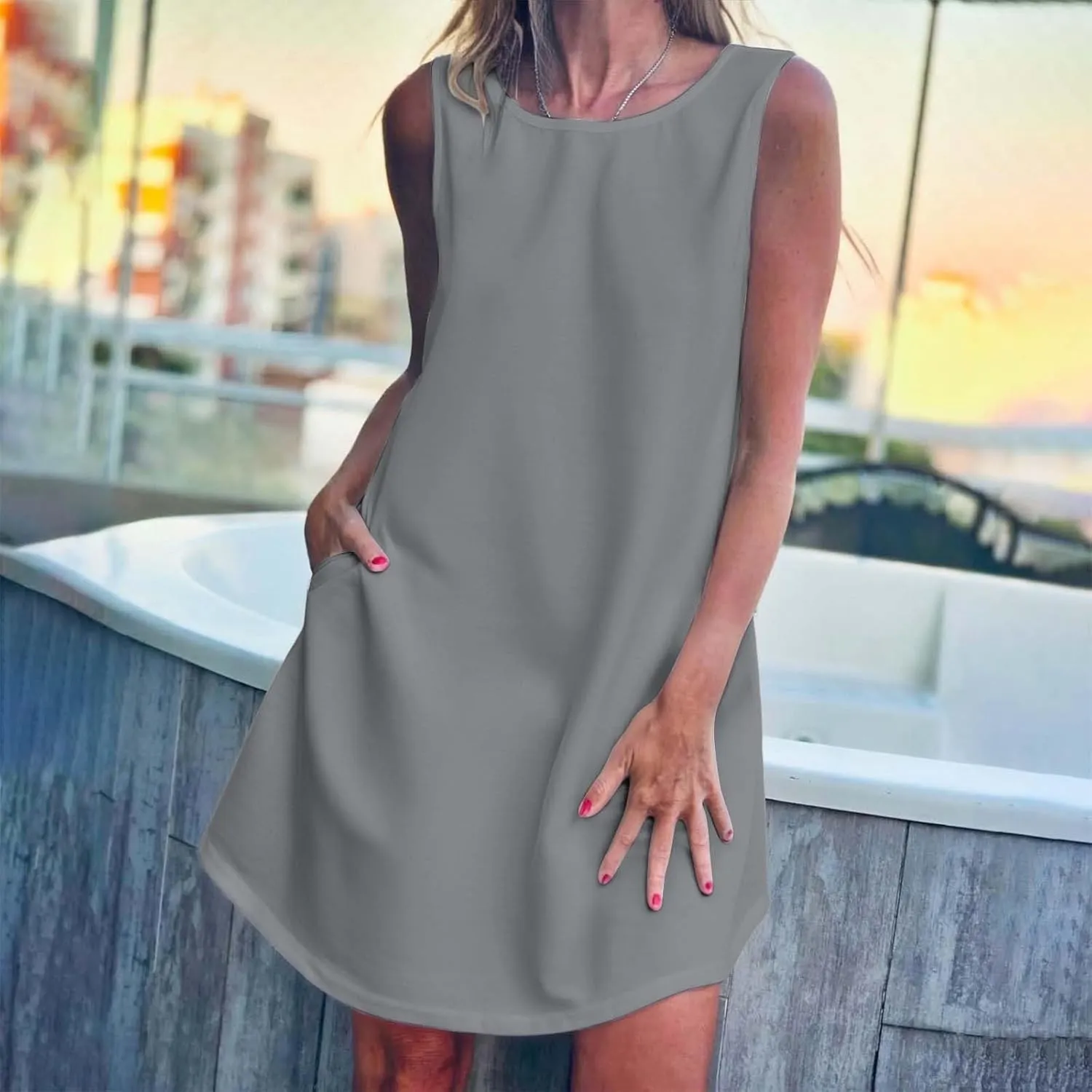 XOWRTE Women's A-Line Boat Neck Flowy Mini Dress Summer 2025 Going Out Party Club Vacation Sleeveless Tank Dresses Cuffless