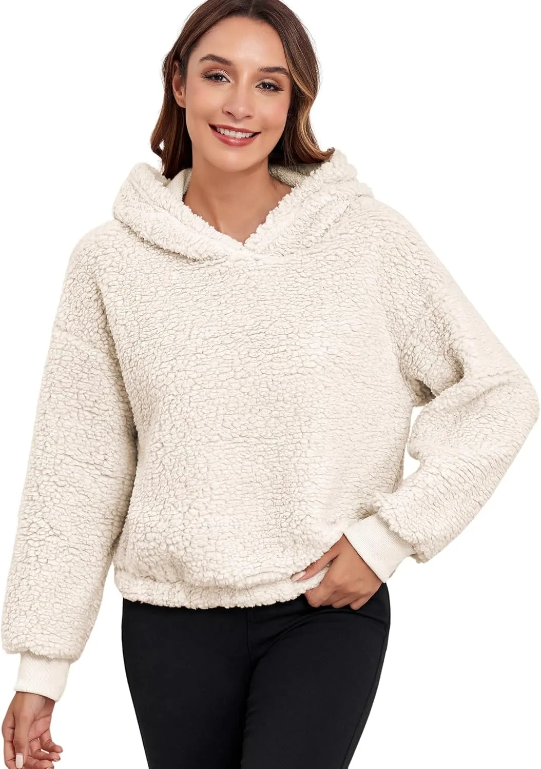 ZAFUL Women's Fuzzy Crop Hoodie Pullover Drop Shoulder Teddy Fluffy Long Sleeve Sweatshirt